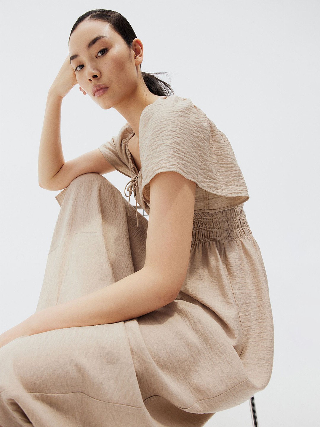 

H&M Butterfly-Sleeved Dress, Beige