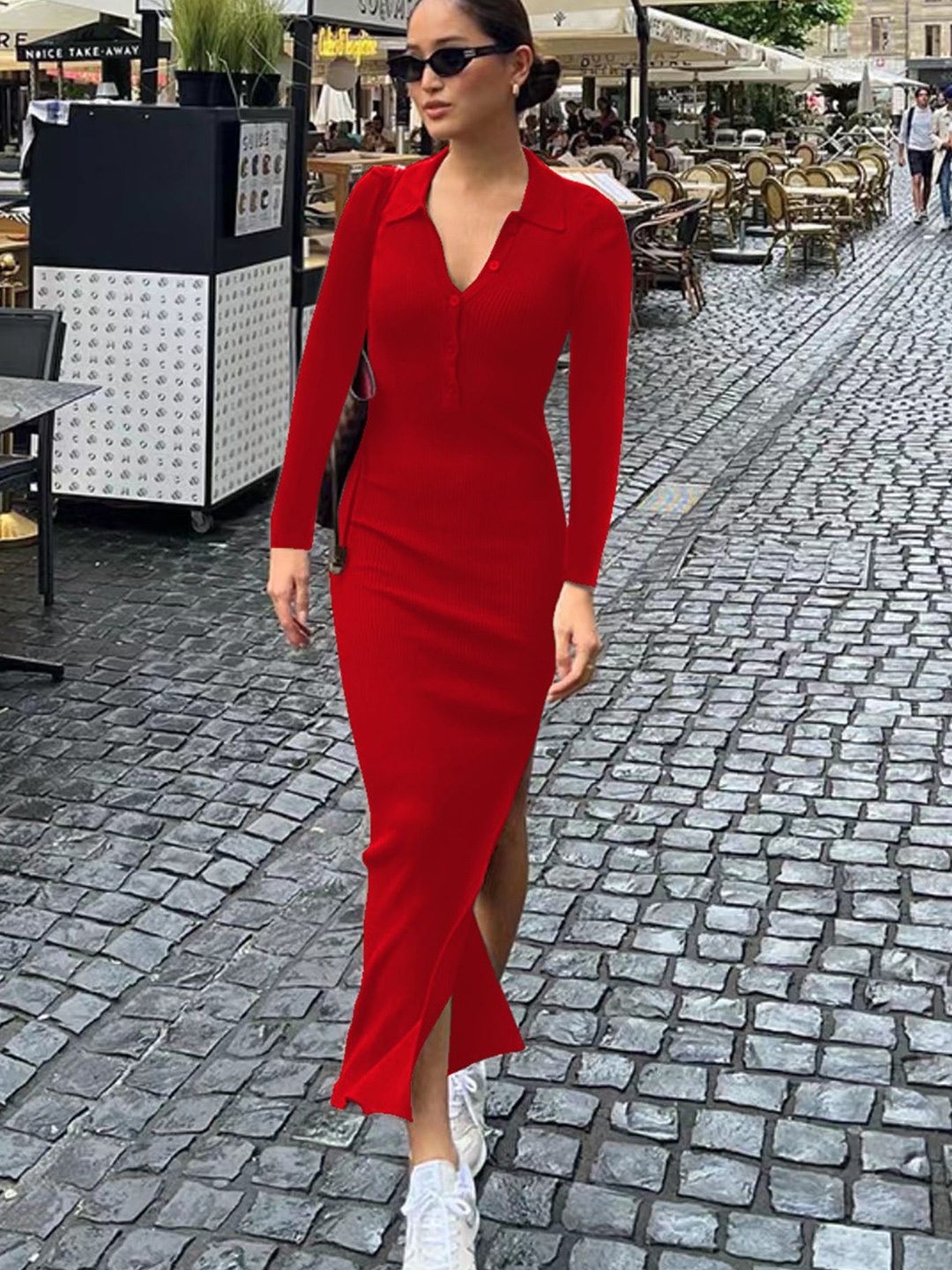 

LULU & SKY Women Shirt Collar Sheath Side-Slit Midi Dress, Red