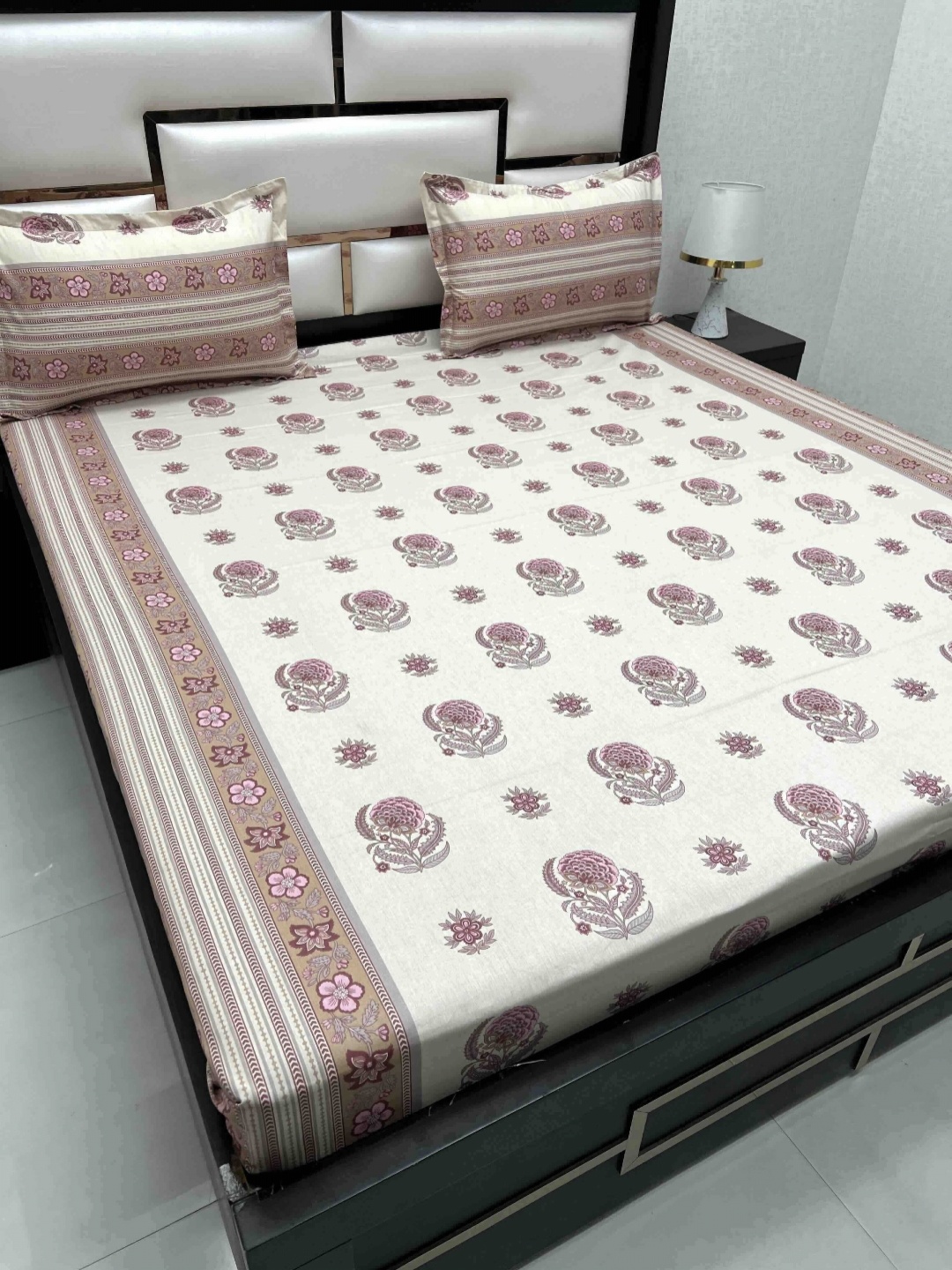 

Pure Decor Royal Passion White & Brown Floral Cotton Queen Bedsheet Set 2.25 m x 2.57 m