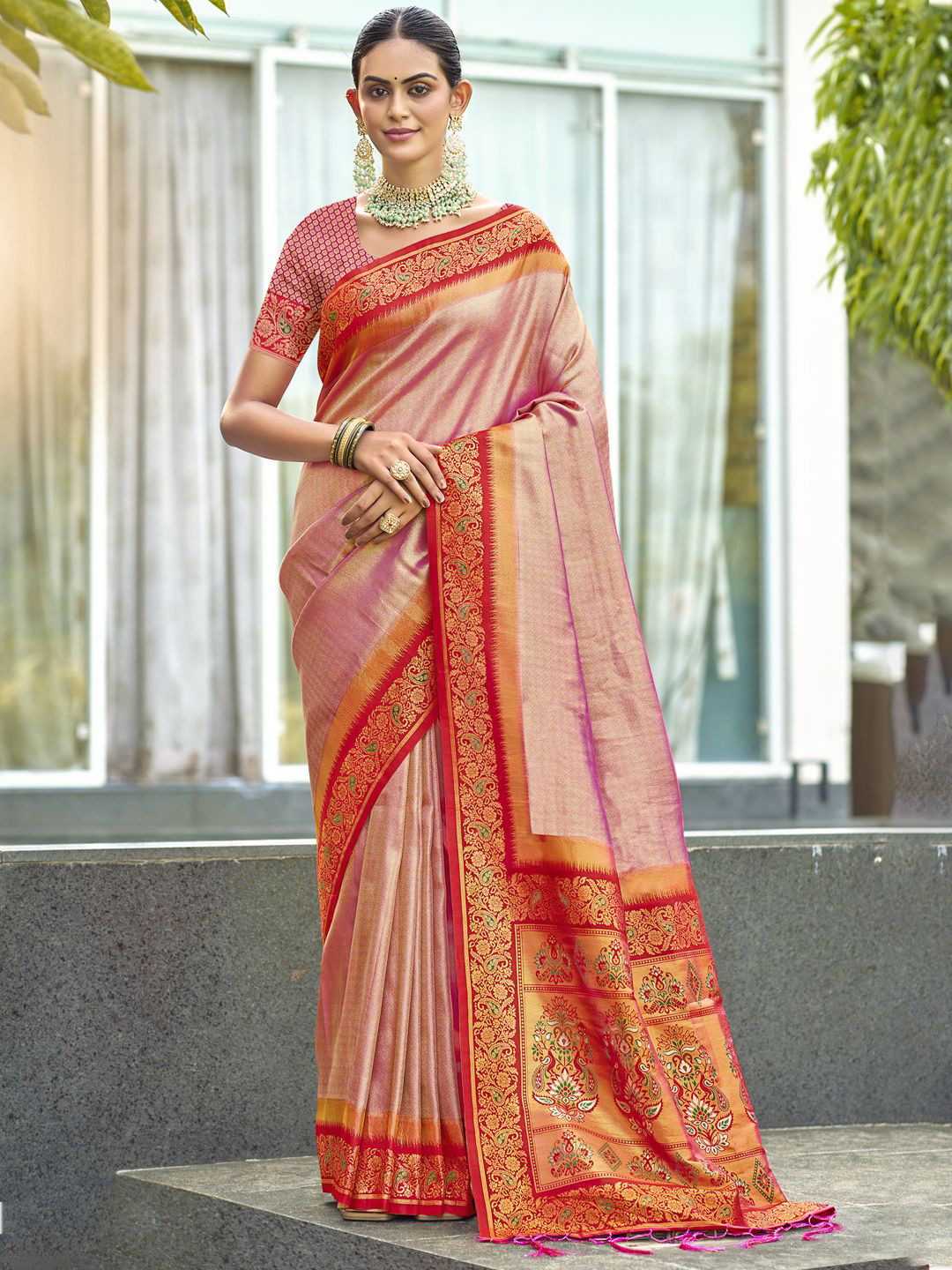 

SANGAM PRINTS Woven Design Zari Silk Blend Tussar Saree, Pink