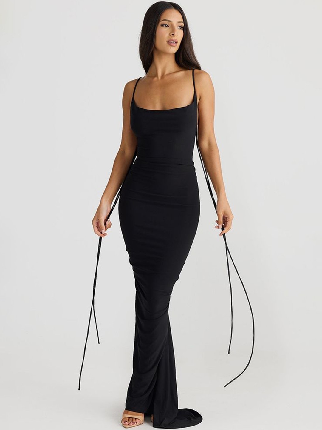 

LULU & SKY Shoulder Straps Backless Bodycon Maxi Dress, Black
