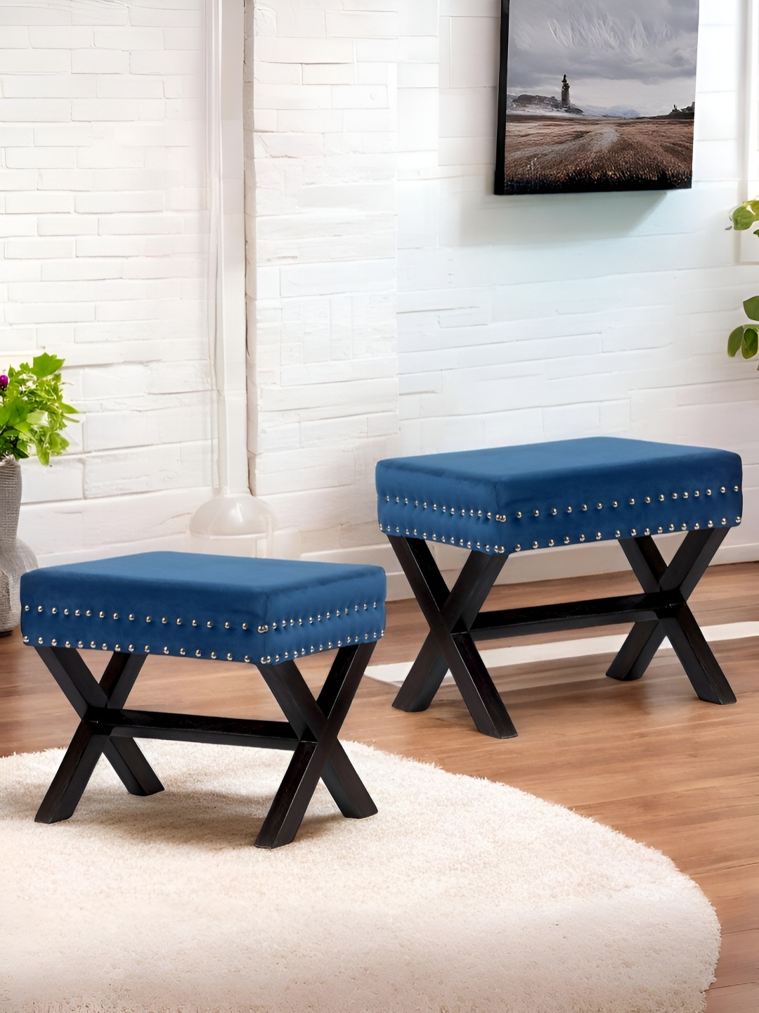 

Ikiriya 2-Pcs Blue Velvet Square Ottomans