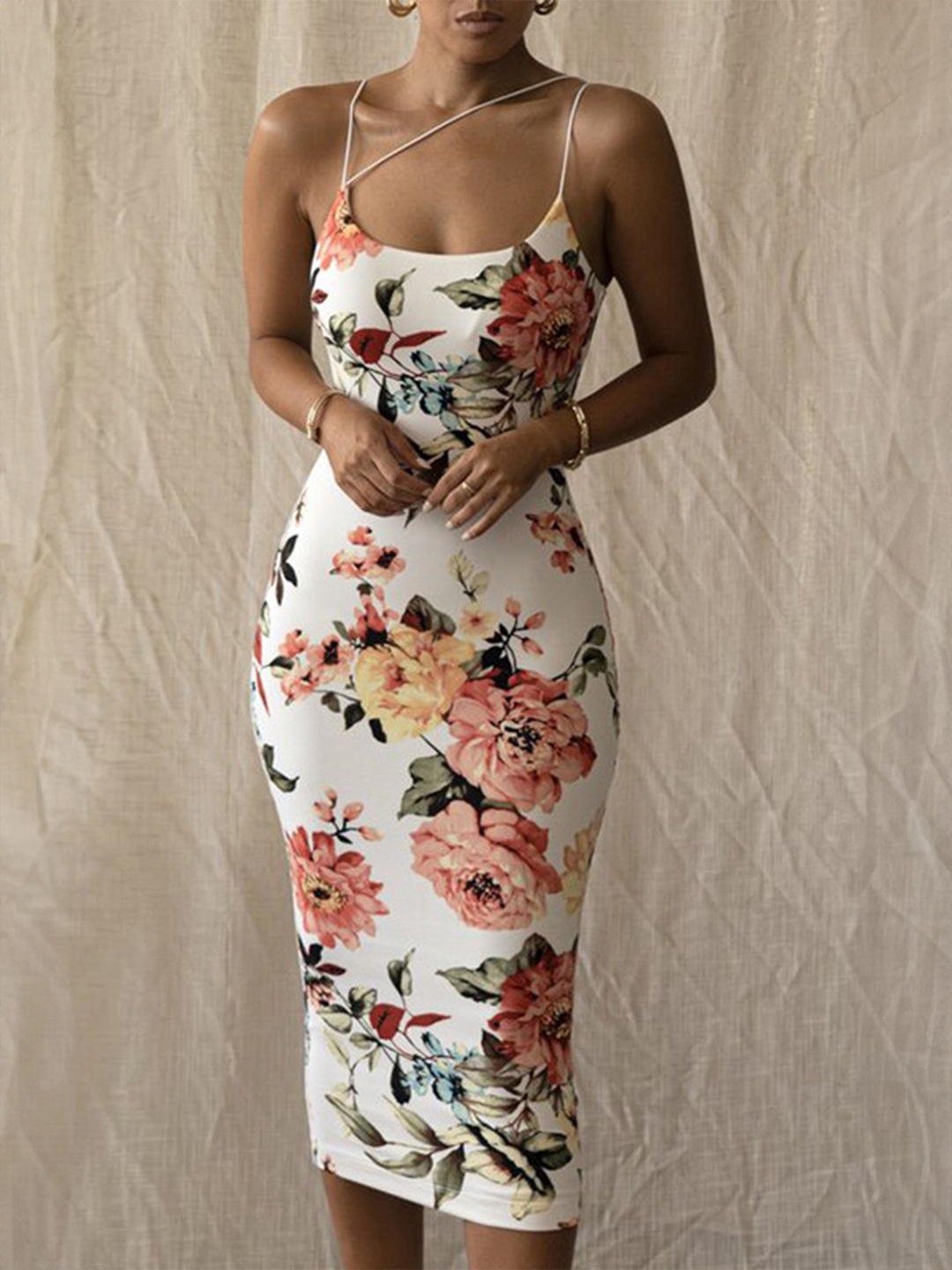 

LULU & SKY Women Floral Printed Sleeveless Bodycon Dress, White