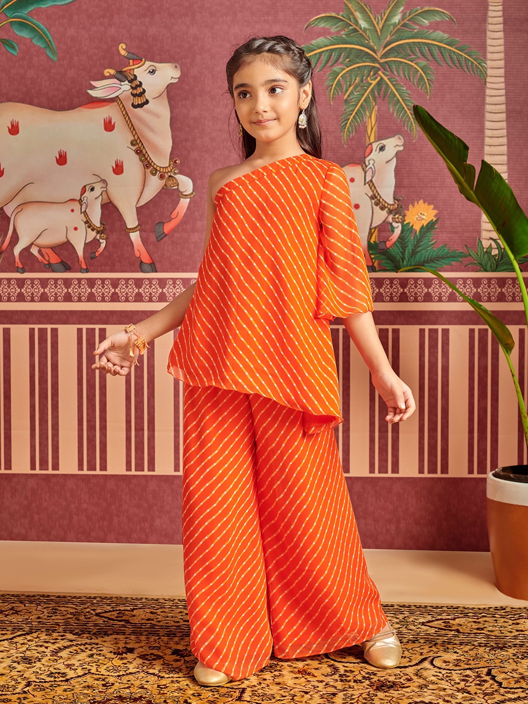 

MASTARANG Girls Printed Top with Trousers, Orange
