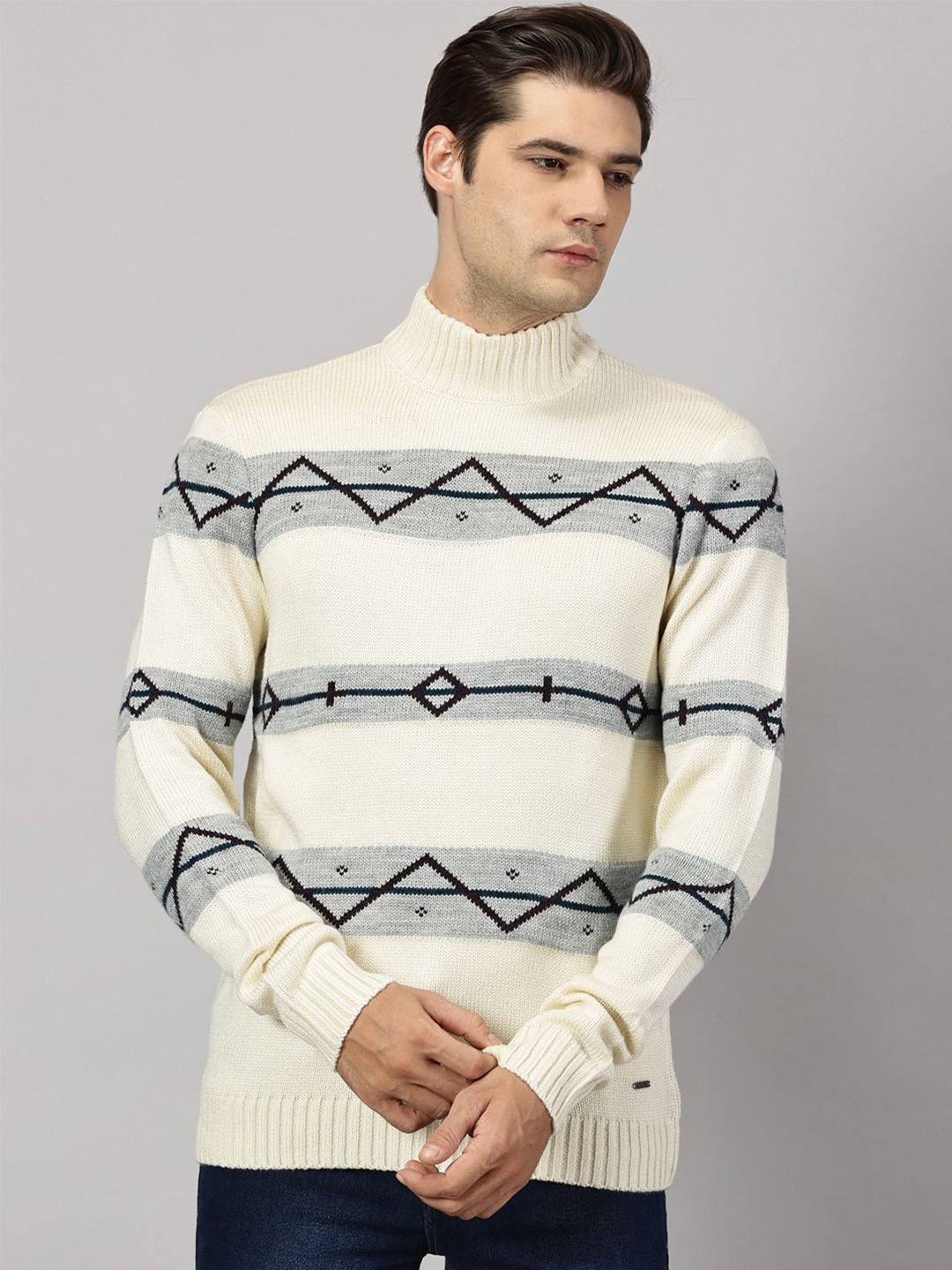 

BLACK BUCK Striped High Neck Sweater, White