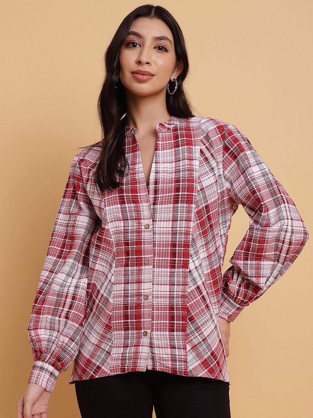 

Sands of India Women Mandarin Collar Tartan Checked Cotton Oversized Shirt, Maroon