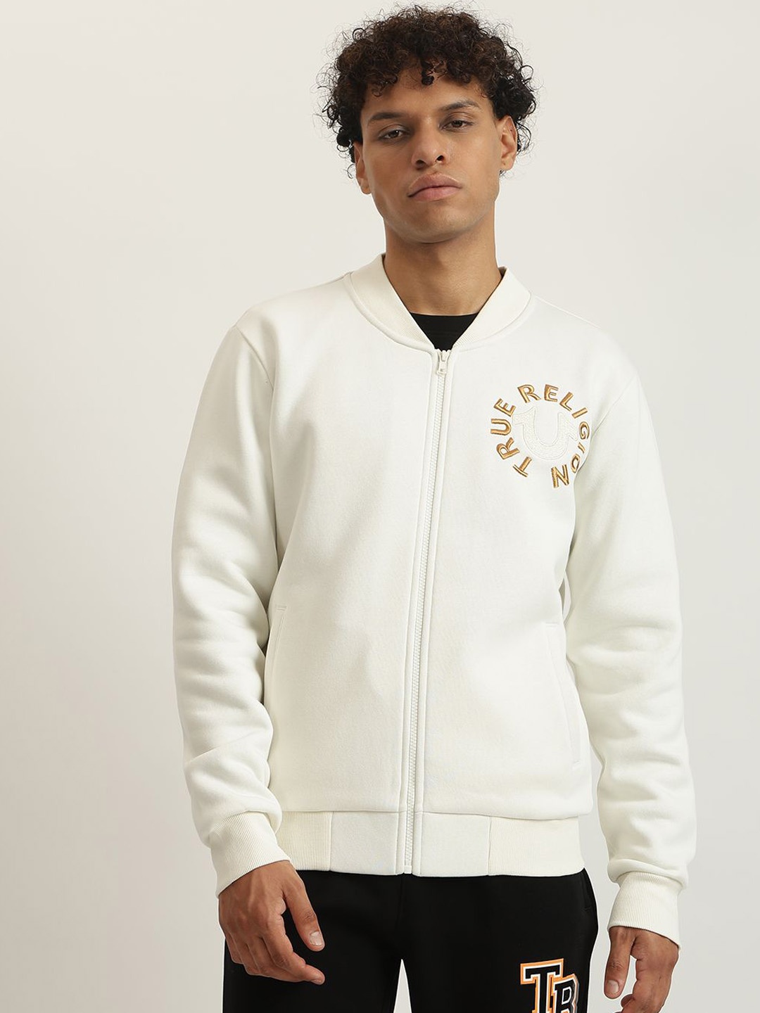 

True Religion Men Geometric Bomber with Embroidered Jacket, White