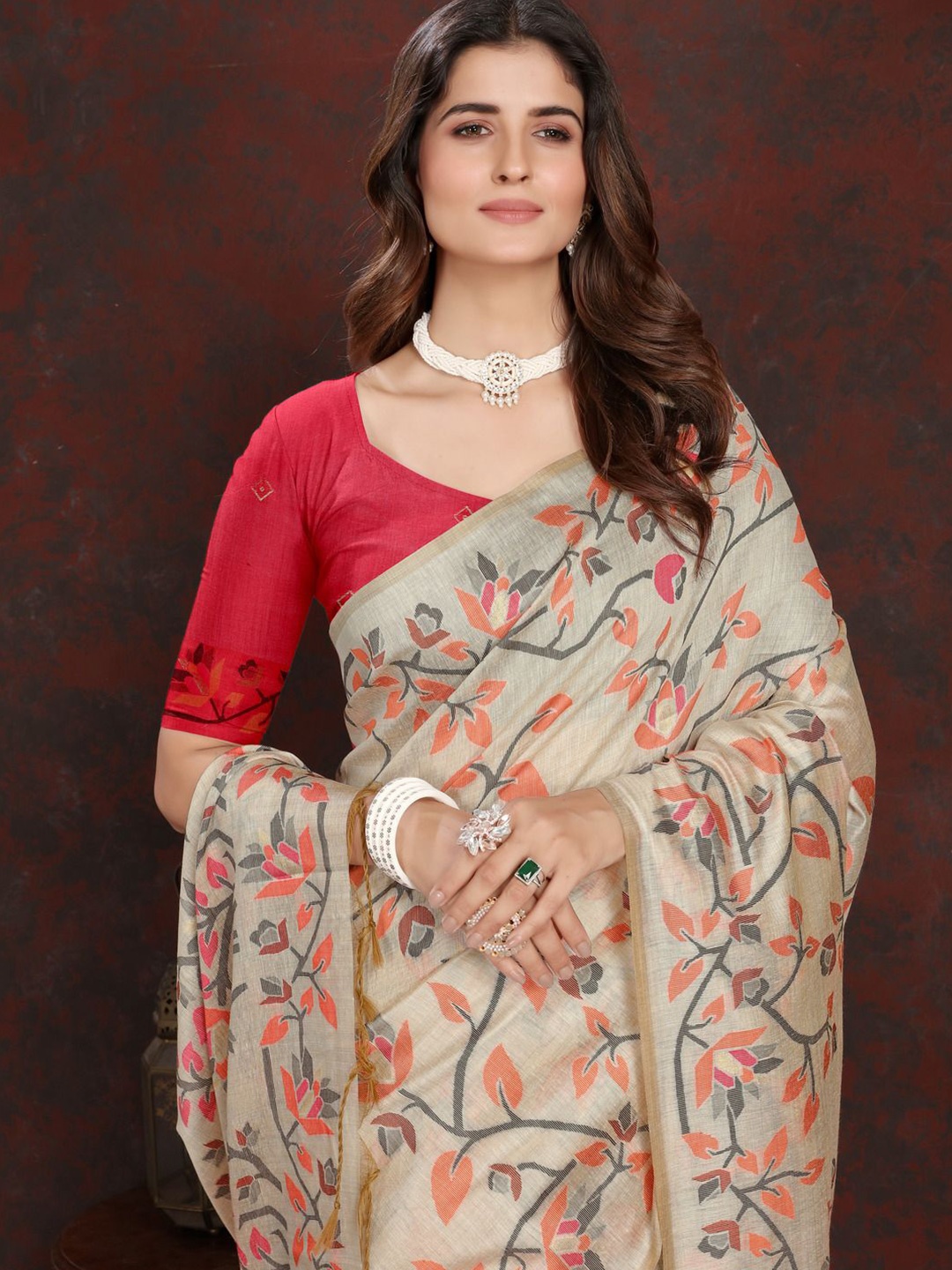 

ISHIKA FAB Floral Pure Cotton Jamdani Saree, Pink