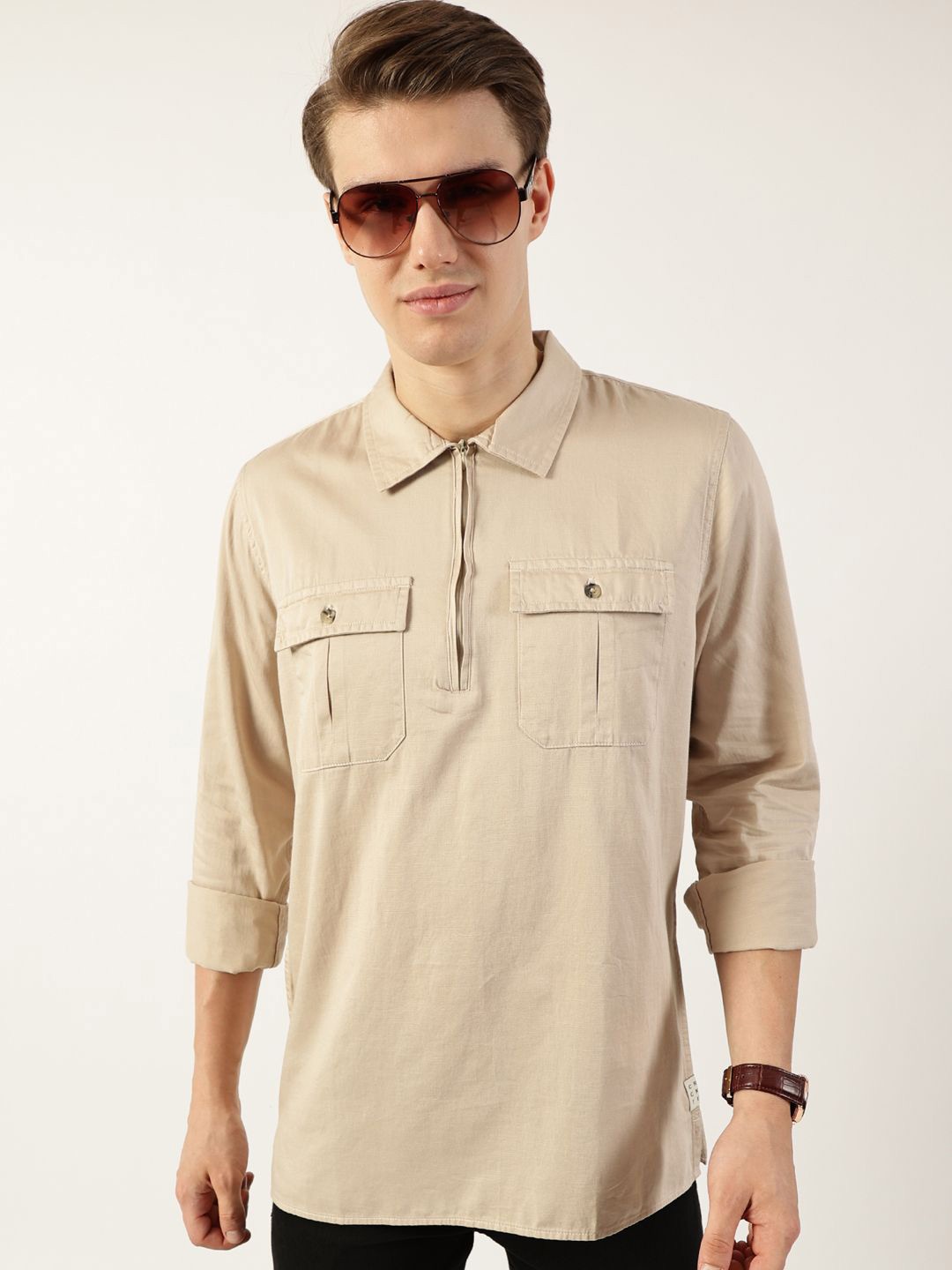 

Thomas Scott Men Classic Spread Collar Solid Cotton Casual Shirt, Beige