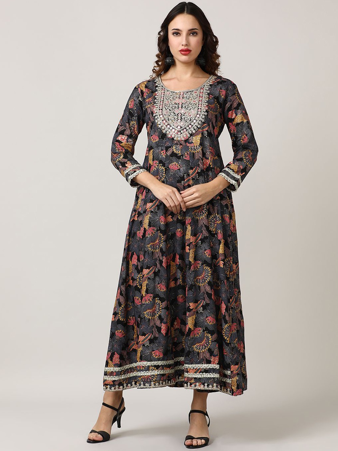 

Jaipur Kurti Women Embroidered Fit - Flare Flared Midi Ethnic Dress, Black