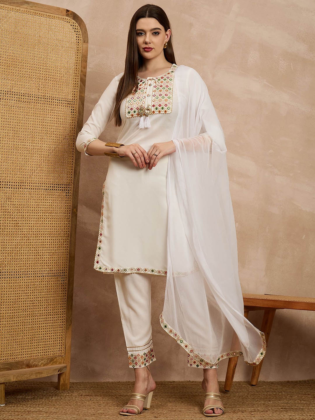 

all about you Women Yoke Design Regular Mirror Work Kurta with Trousers & With Dupatta, White