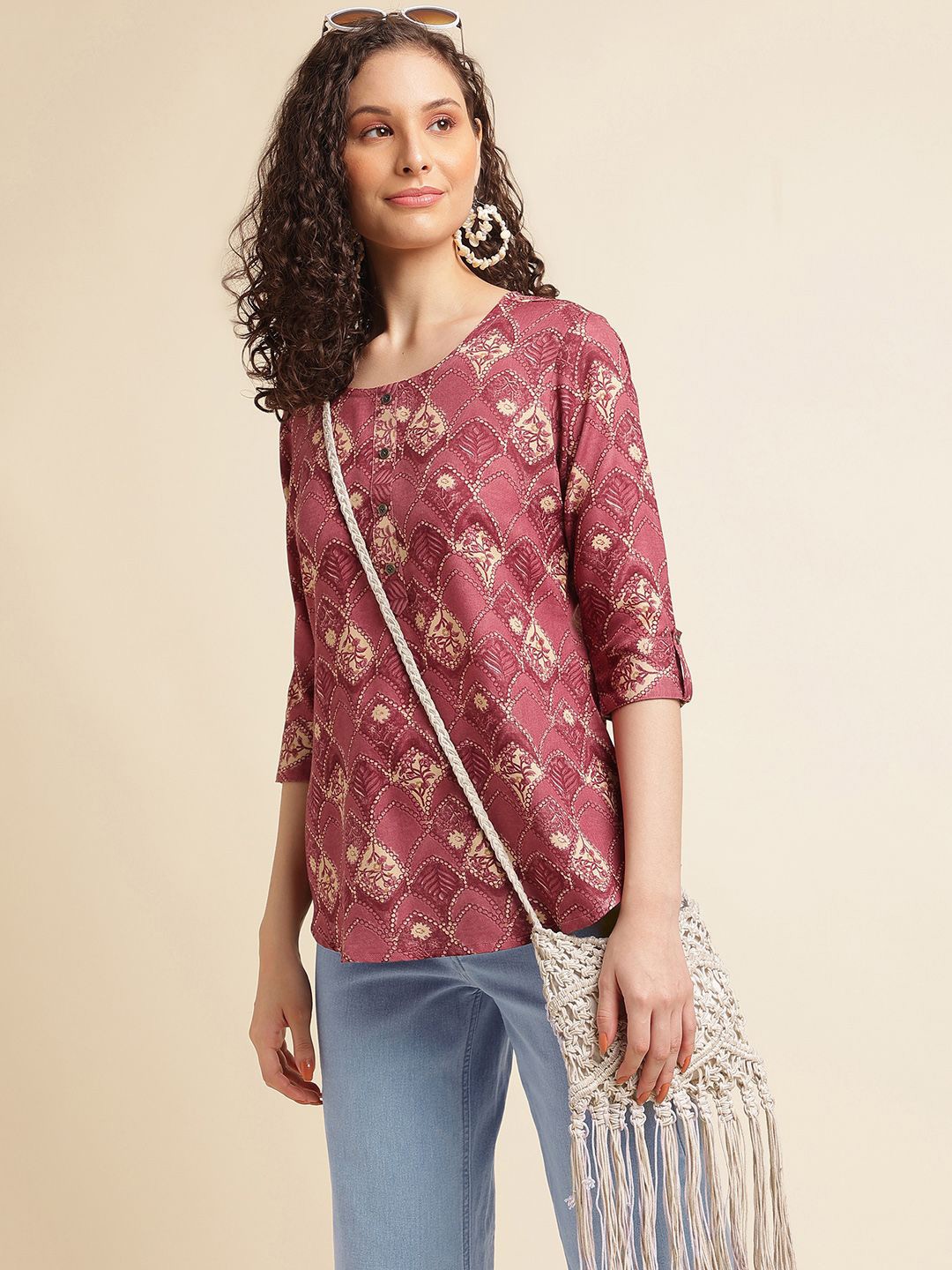 

all about you Floral Print Roll-Up Sleeves Top, Maroon