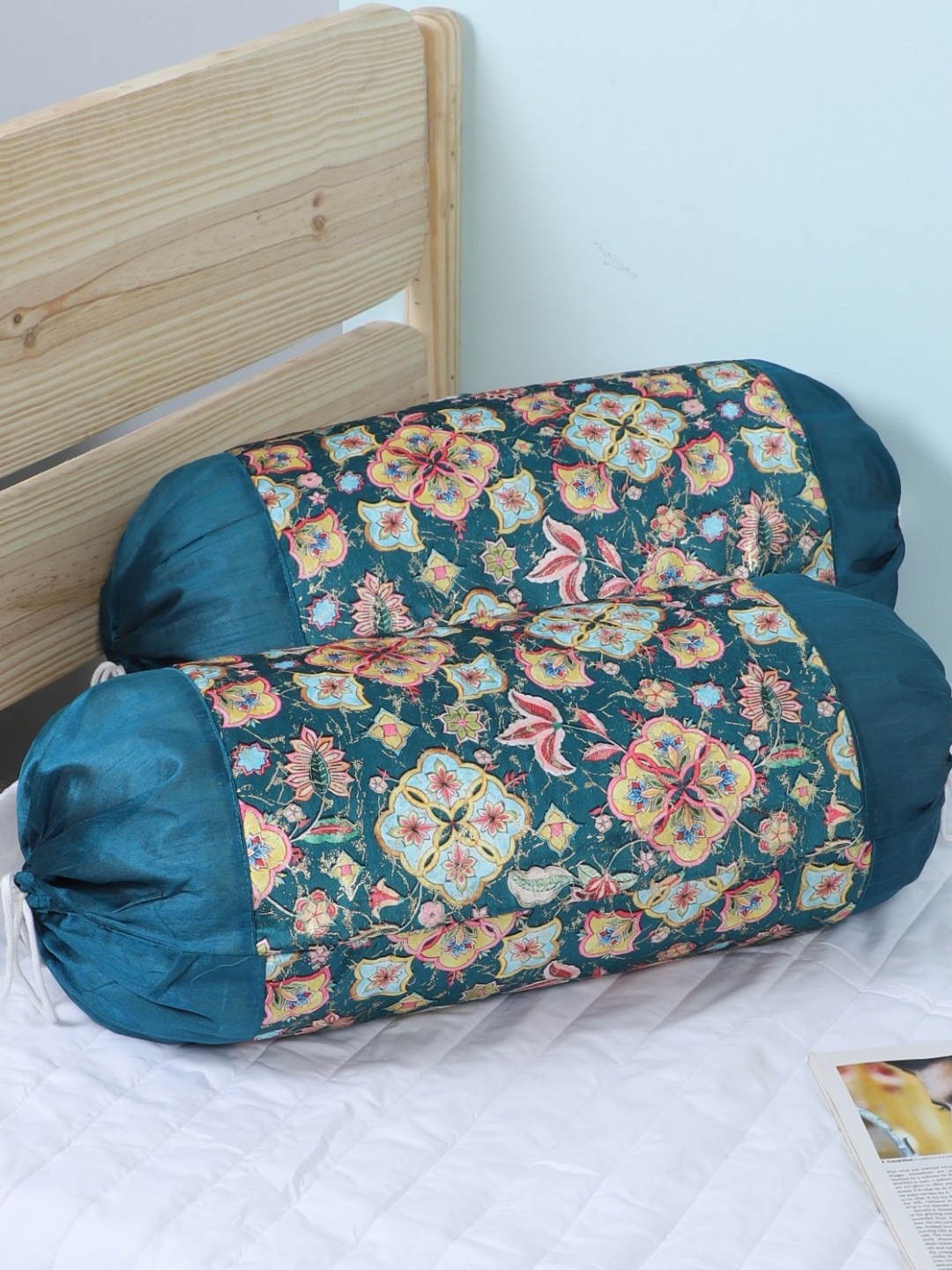 

MFD HOME FURNISHING 2-Pcs Teal Blue & Pink Printed Velvet Bolster Covers