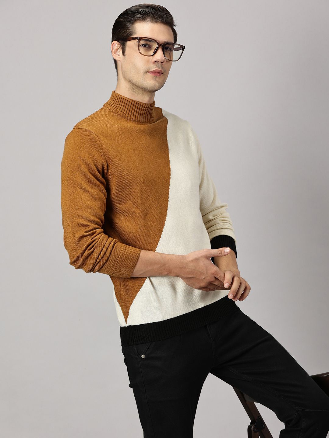 

BLACK BUCK Colourblocked High Neck Sweater, White