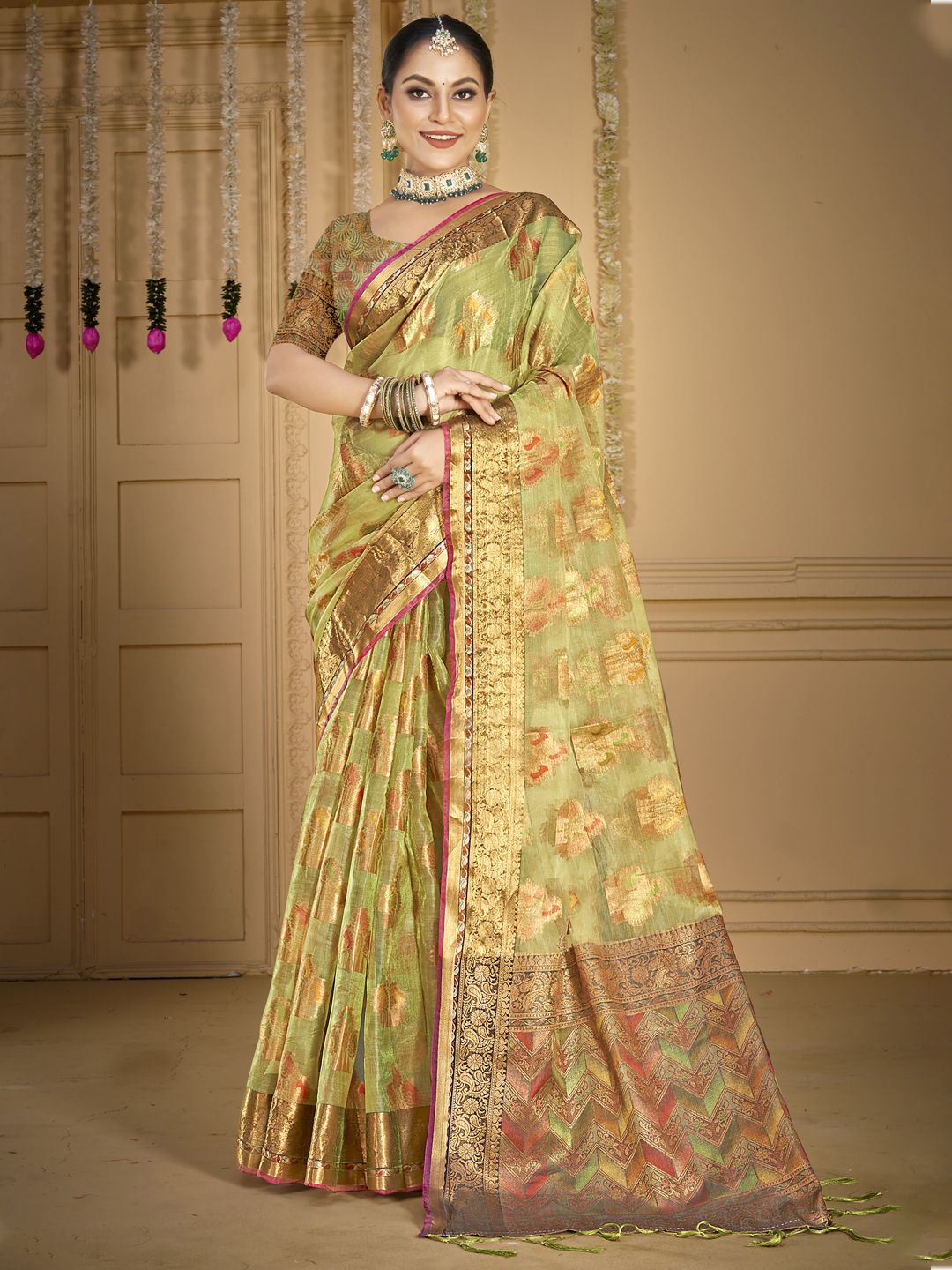 

SANGAM PRINTS Woven Design Organza Tussar Saree, Green