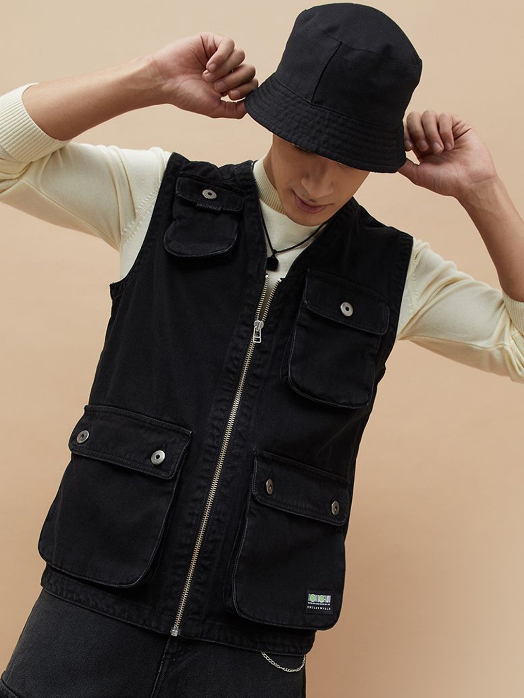 

SmileyWorld Men Denim Jacket with Patchwork, Black