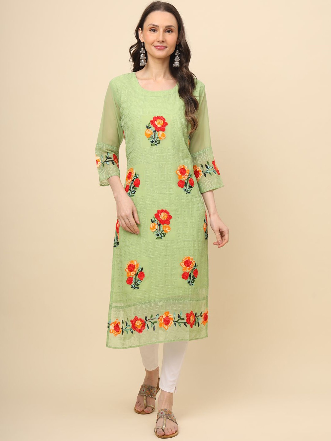 

HERE&NOW Women Floral Embroidered Thread Work Georgette Kurta, Olive