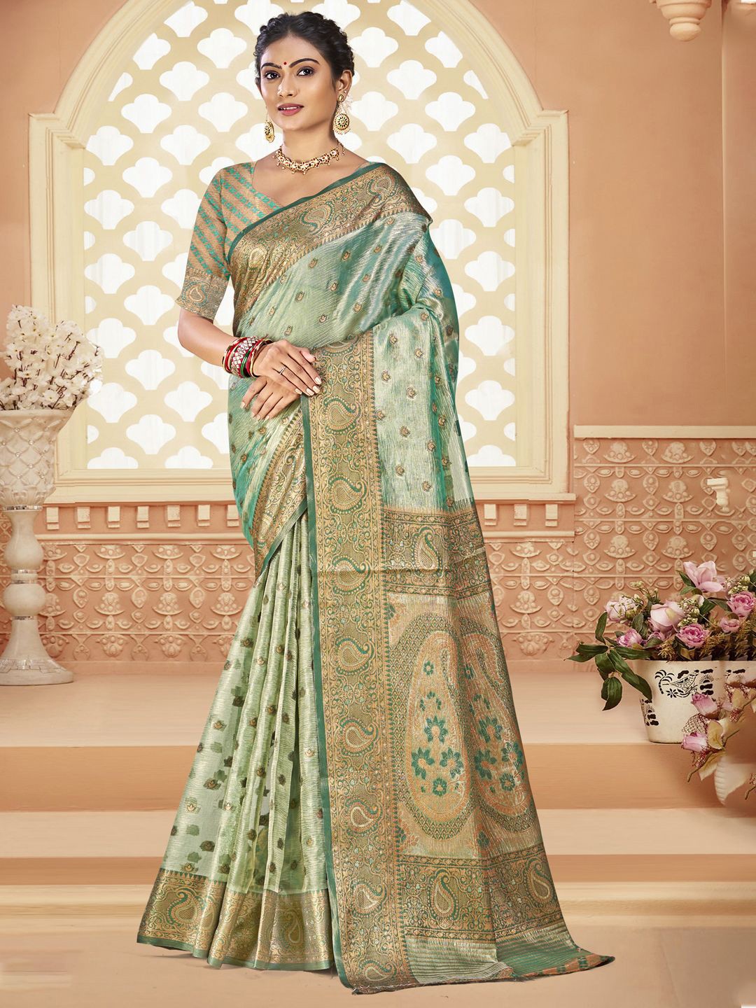 

SANGAM PRINTS Woven Design Zari Silk Blend Designer Tussar Saree, Green