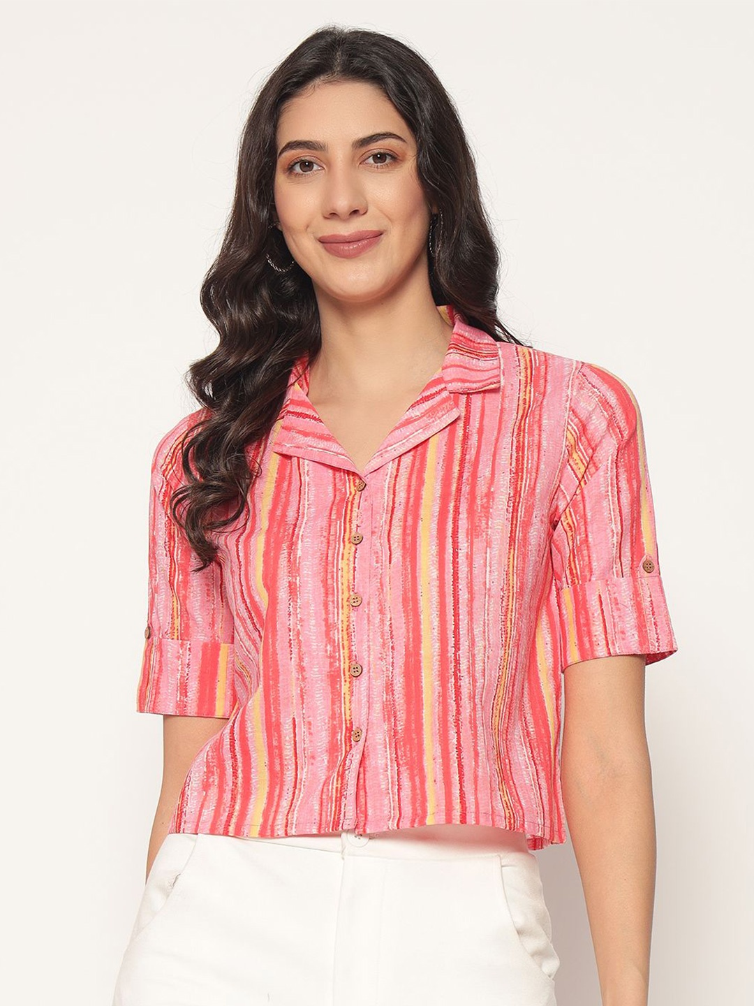 

PIDAVLIYA'S Print Cotton Shirt Style Top, Peach