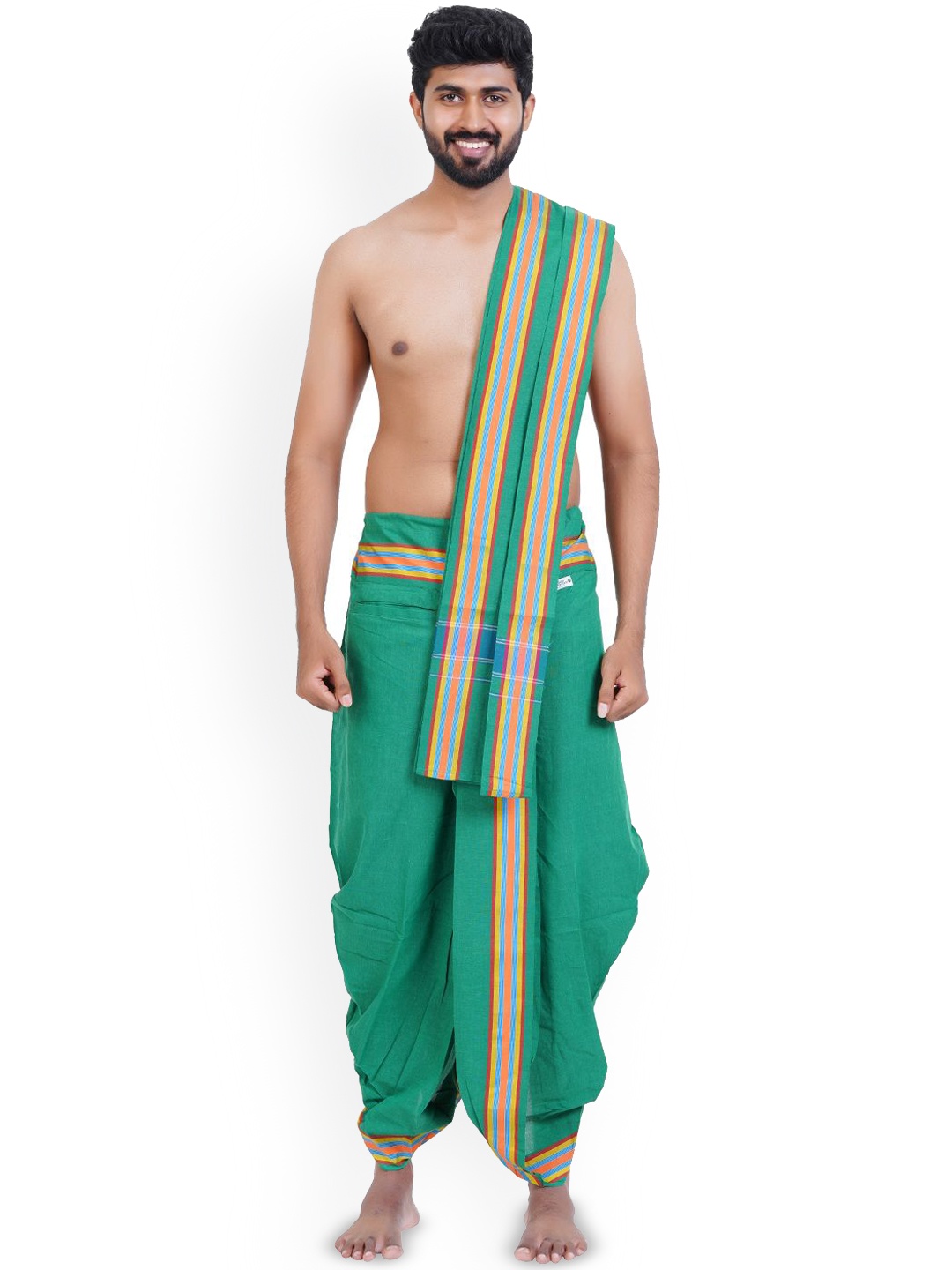 

Ethazh Mens Cotton 9*5 Acharya Green Panchakacham with Angavasthiram