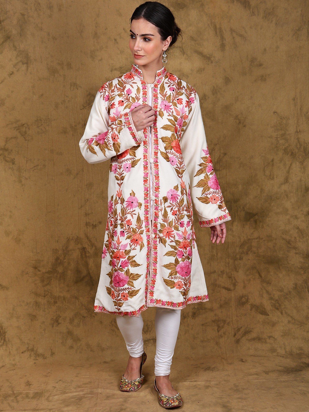 

Exotic India Women Floral Woollen Tailored Jacket with Embroidered, White