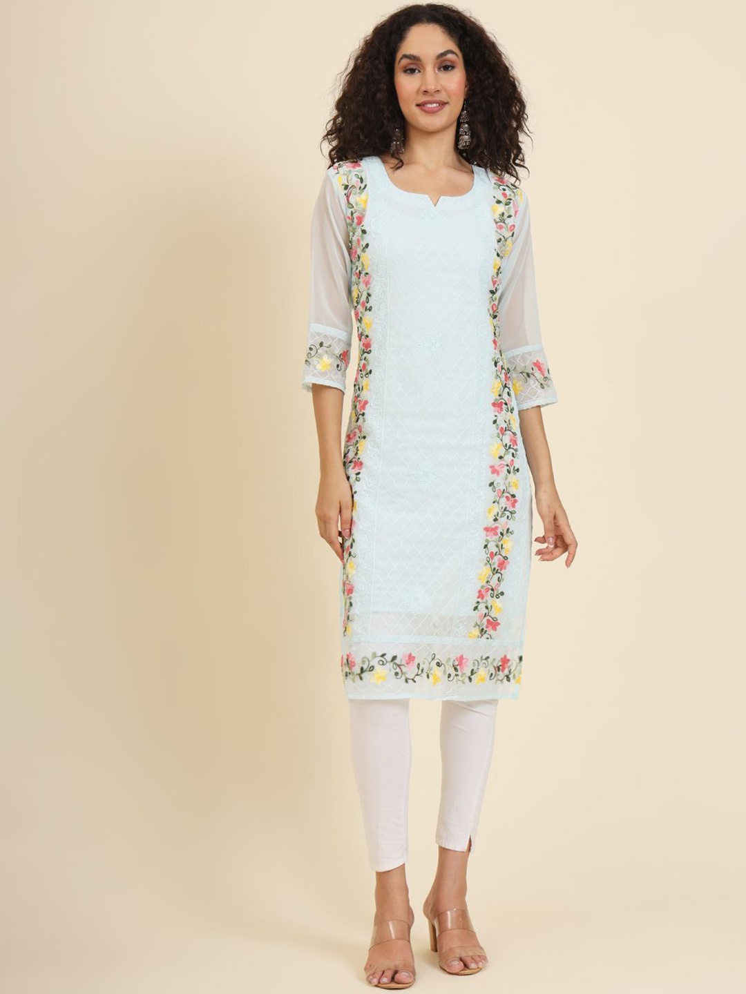 

HERE&NOW Women Floral Embroidered Thread Work Georgette Kurta, Blue