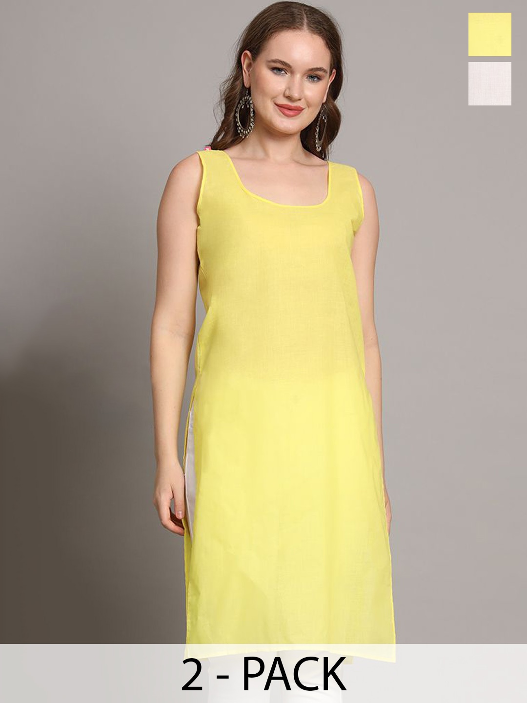 

The Chikan Label Pack Of 2 Cotton Long Slips, Yellow