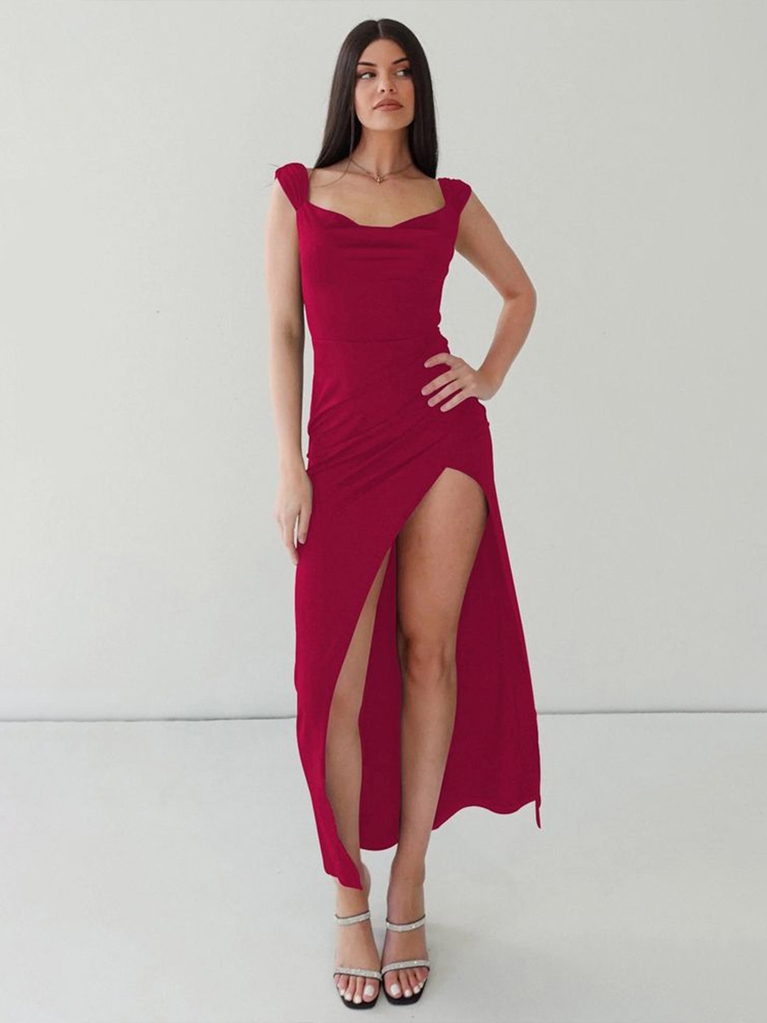 

LULU & SKY Women Cowl Neck Bodycon Maxi Dress, Burgundy