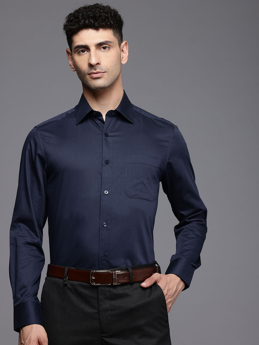 

Louis Philippe Classic Self Striped Pure Cotton Formal Shirt, Navy blue