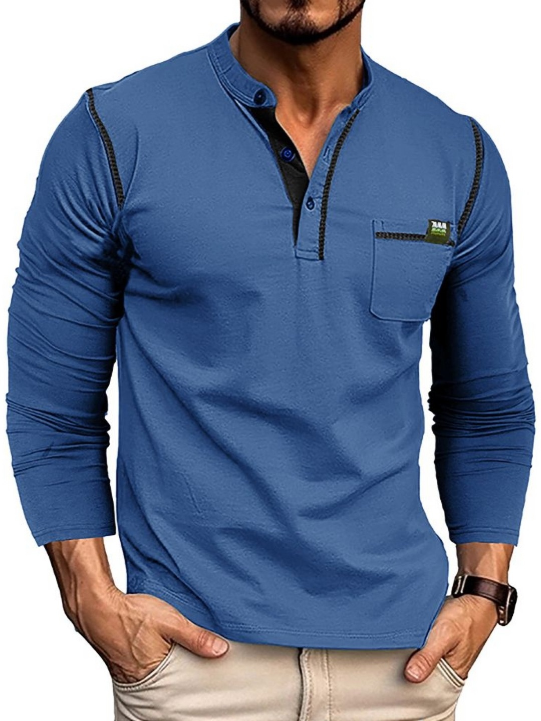 

StyleCast x Revolte Men Solid Mandarin Collar Cotton T-shirt, Blue