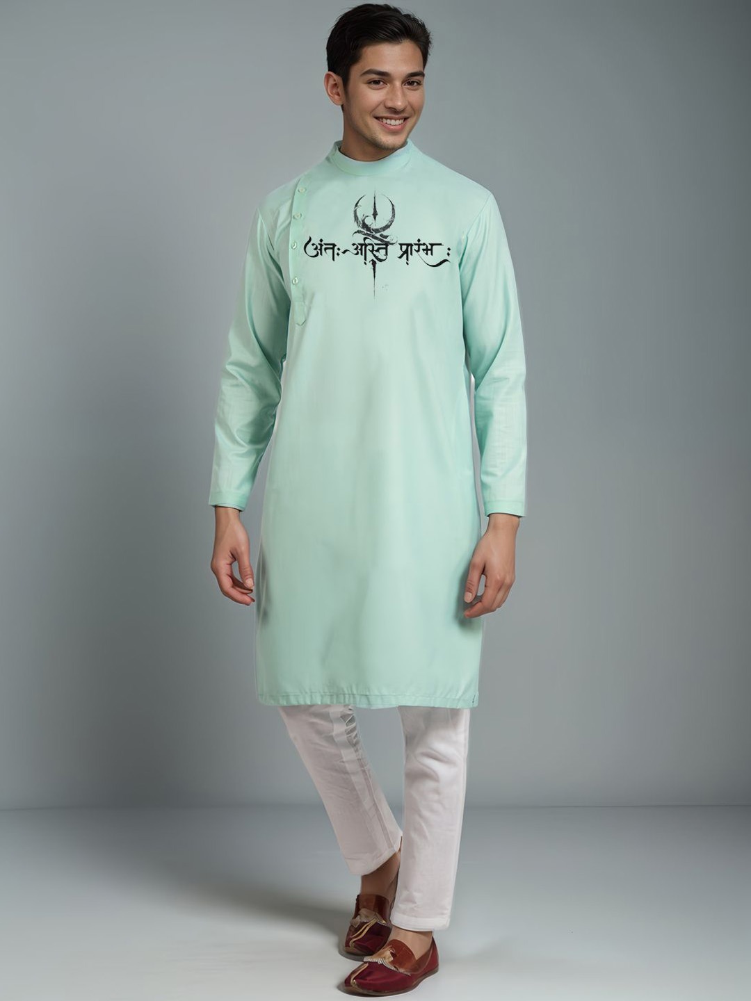 

DEVOILER Men Ethnic Motifs Printed Thread Work Kurta, Green