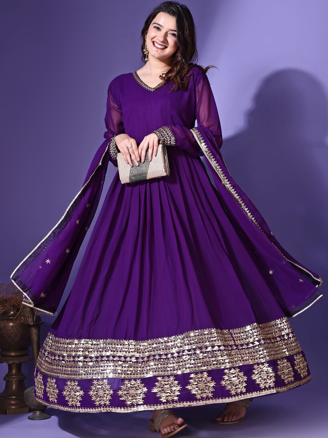 

Ethnic Yard Women Ethnic Motifs Embroidered Pleated Sequinned Kurta with Pyjamas & With Dupatta, Purple