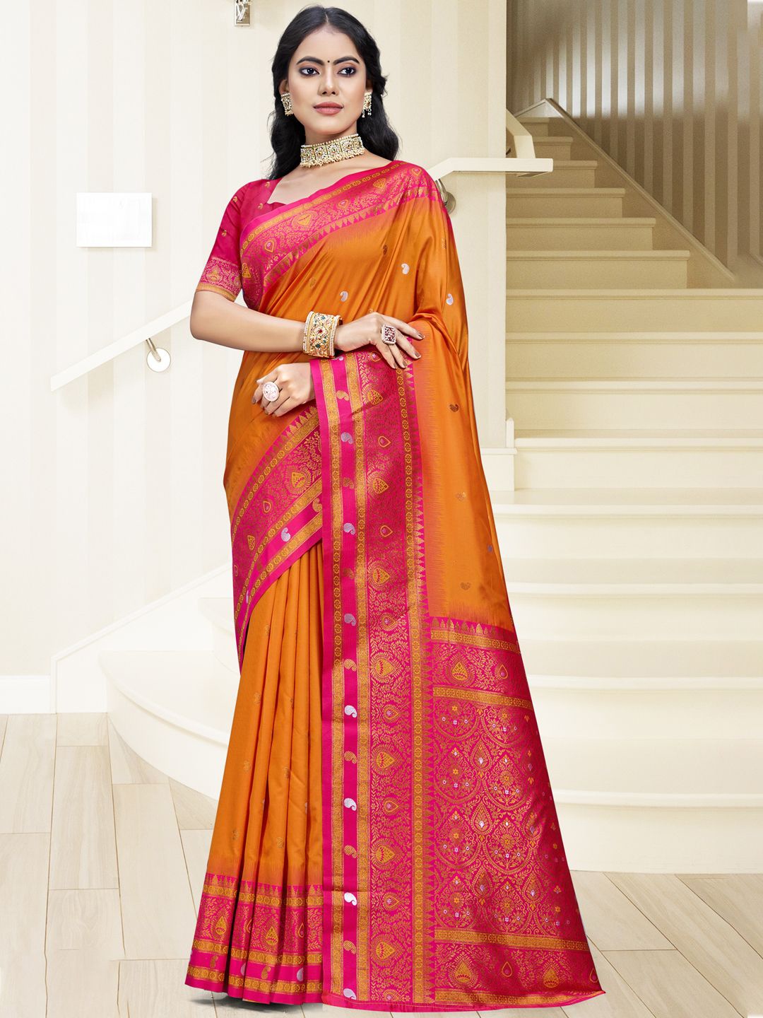 

SANGAM PRINTS Paisley Zari Silk Blend Tussar Saree, Orange