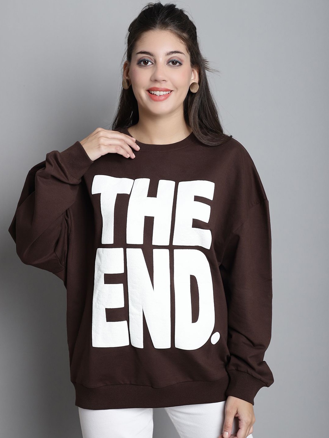 

DOOR74 Women Typography Printed Longline Sweatshirt, Brown