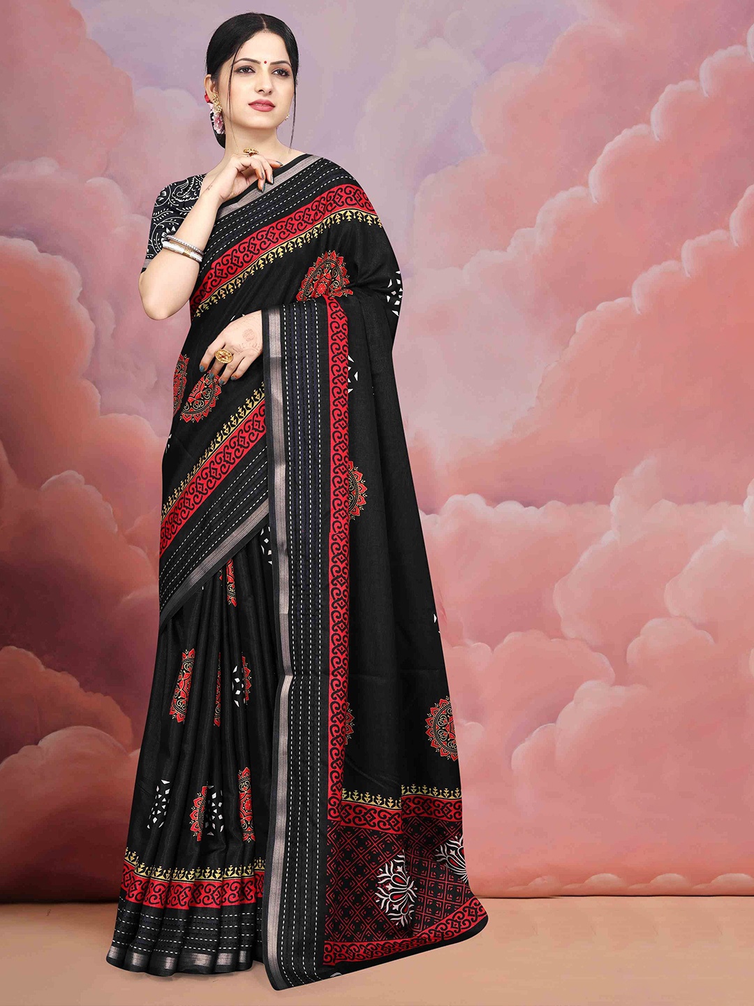 

STAVA CREATION Ethnic Motifs Zari Silk Cotton Mysore Silk Saree, Black