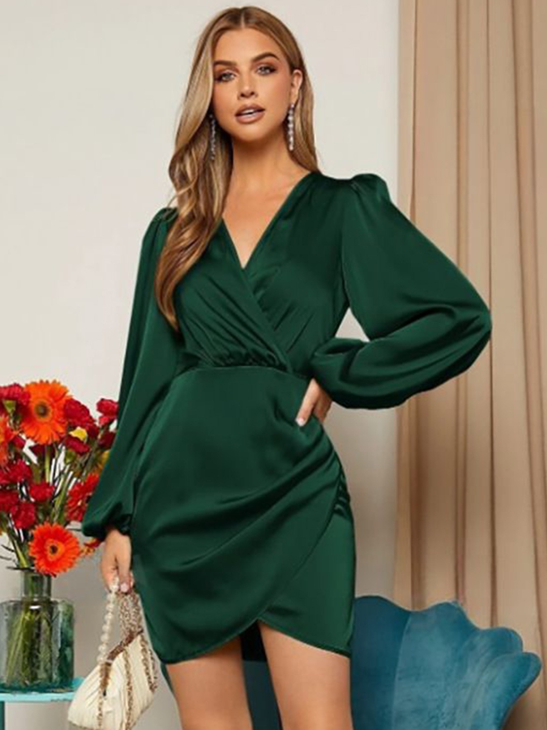 

StyleCast Puff Sleeve Satin A-Line Dress, Green