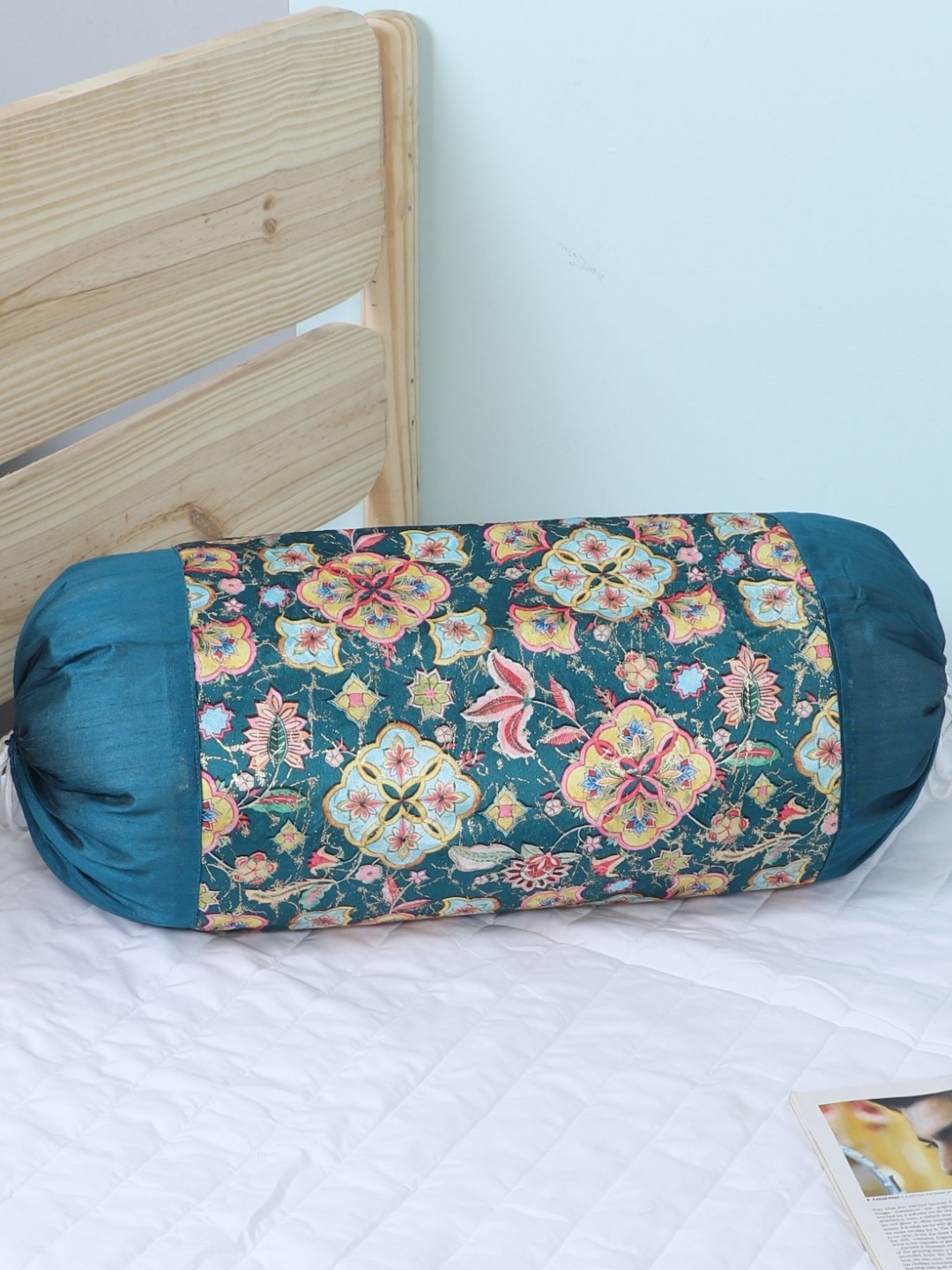 

MFD HOME FURNISHING Teal Blue & Pink Printed Velvet Bolster Cover