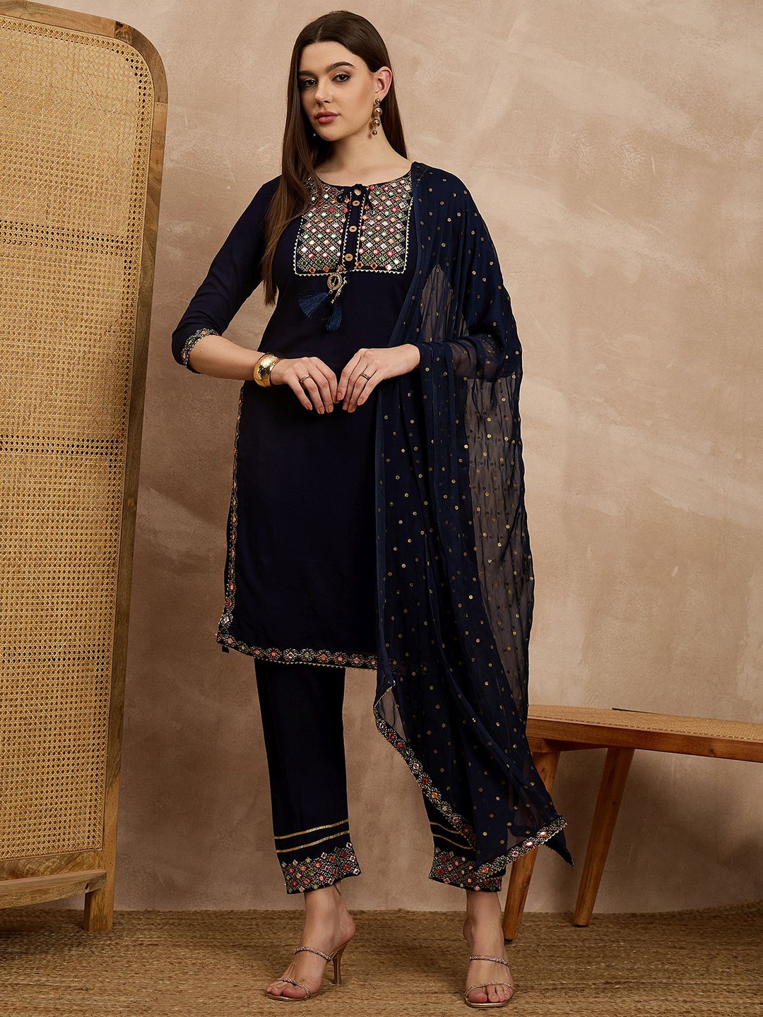

all about you Women Yoke Design Regular Mirror Work Kurta with Trousers & With Dupatta, Blue