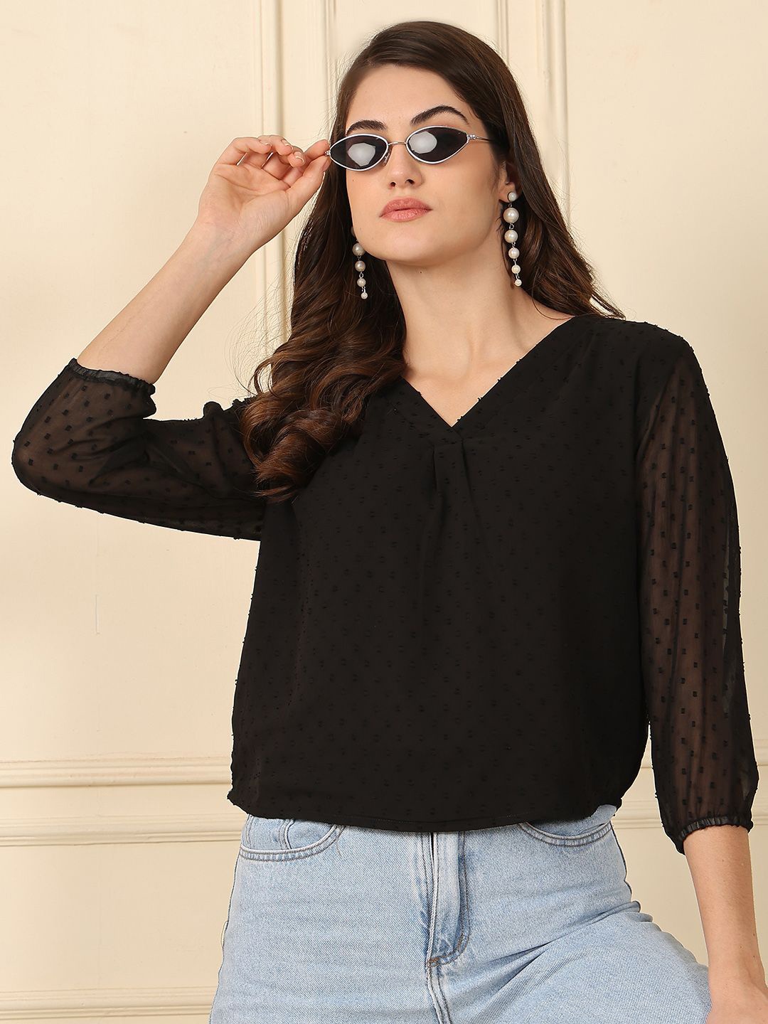 

NEUDIS Chiffon Self-Designs V-Neck 3/4th Sleeves Tops, Black