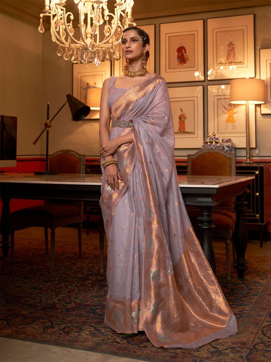 

ODETTE Woven Design Zari Silk Blend Saree, Grey