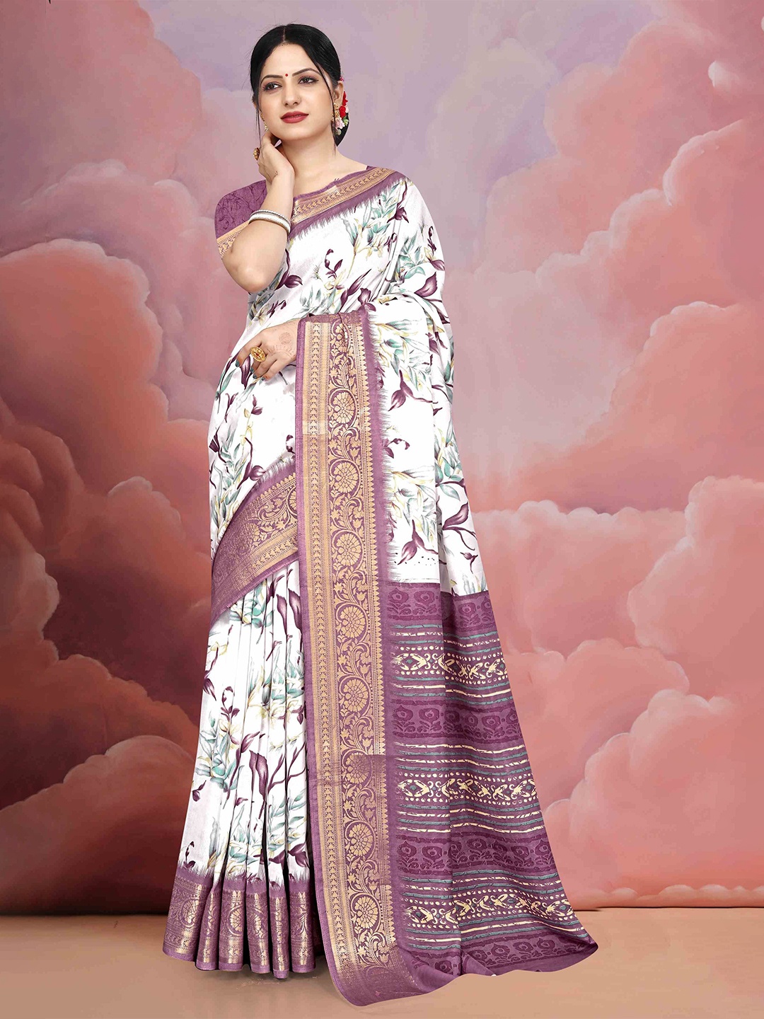 

STAVA CREATION Floral Zari Silk Cotton Saree, Purple