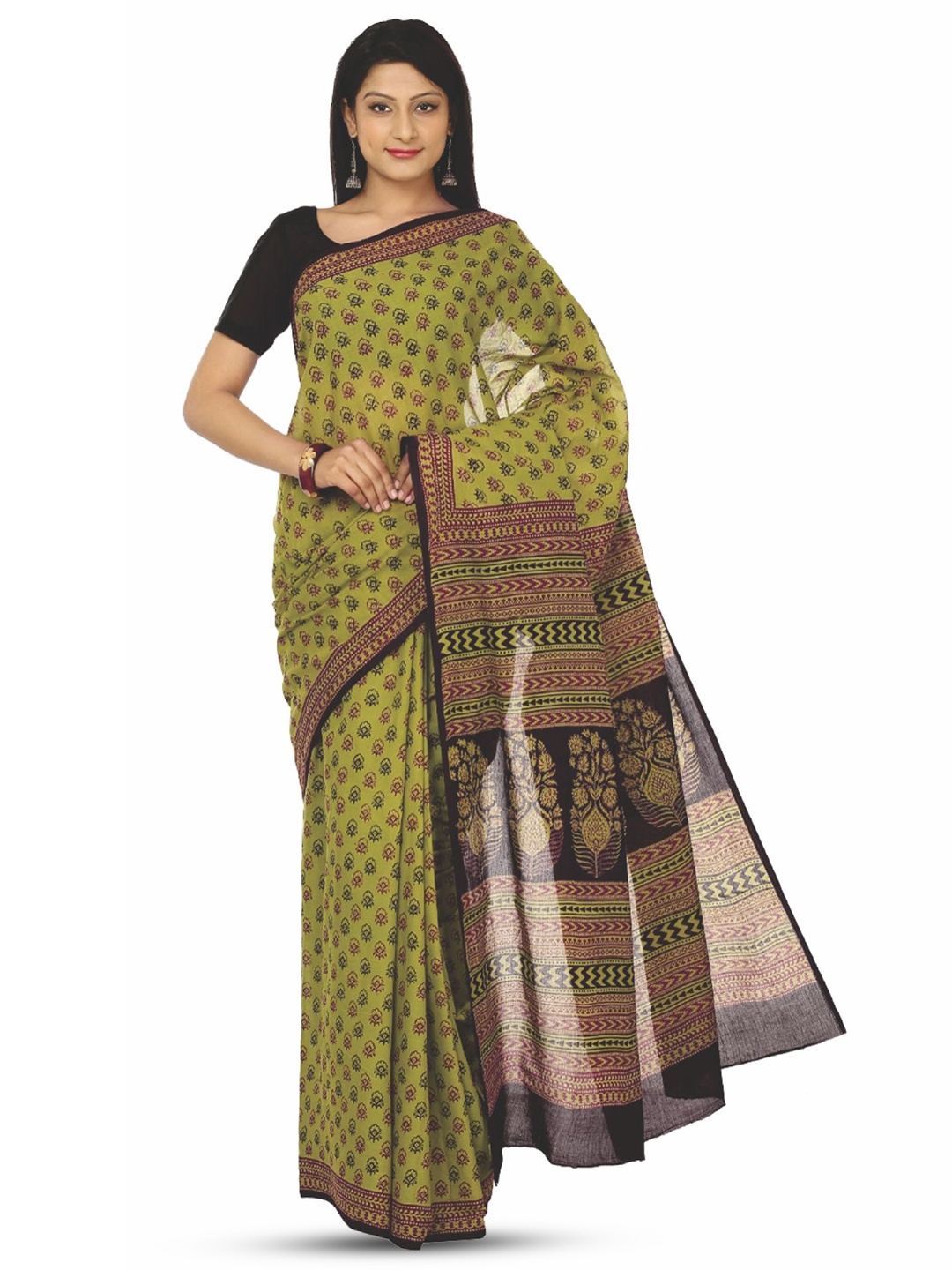 

Kalakari India Floral Pure Cotton Bagh Saree, Green