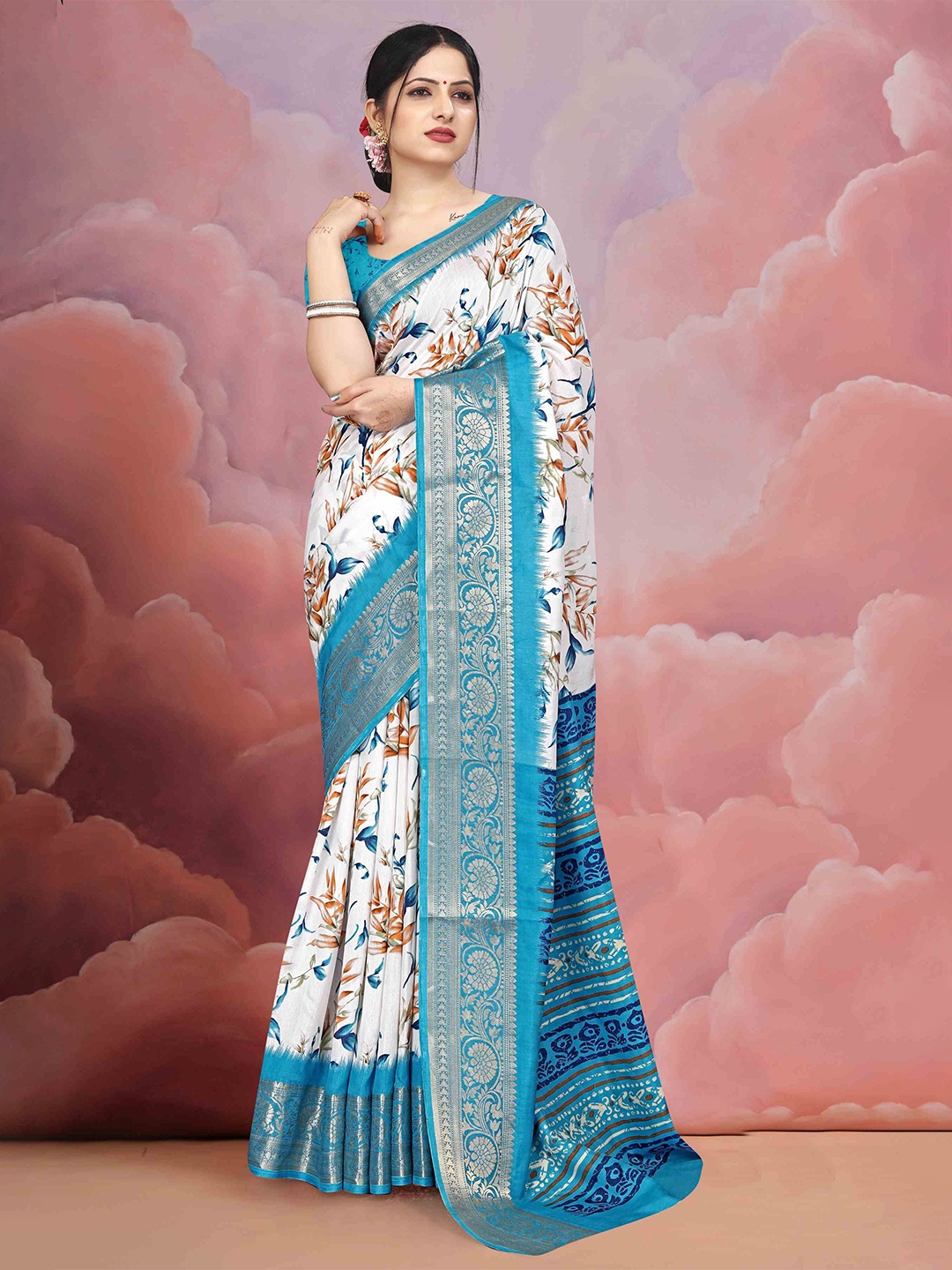 

STAVA CREATION Floral Zari Silk Cotton Mysore Silk Saree, Teal