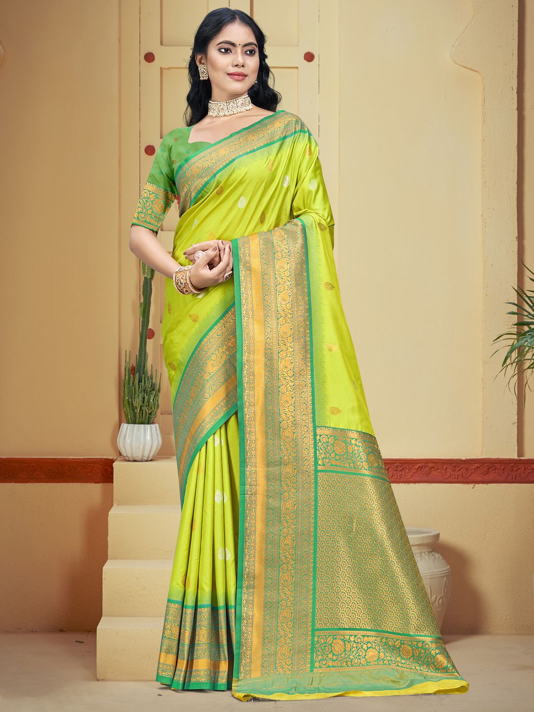 

SANGAM PRINTS Woven Design Zari Silk Blend Designer Tussar Saree, Sea green