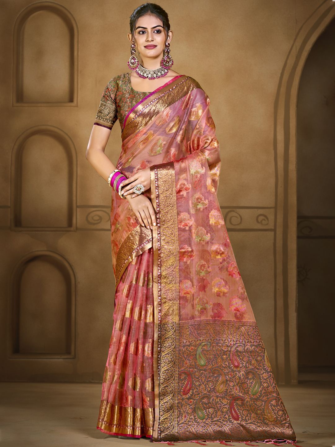 

SANGAM PRINTS Woven Design Zari Organza Designer Tussar Saree, Pink