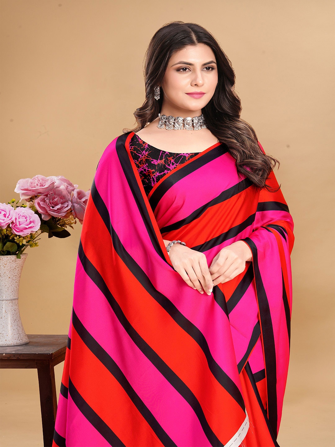 

Anouk Striped Satin Saree, Pink