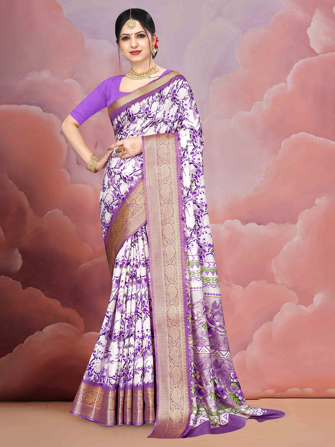 

STAVA CREATION Floral Zari Silk Cotton Saree, Purple