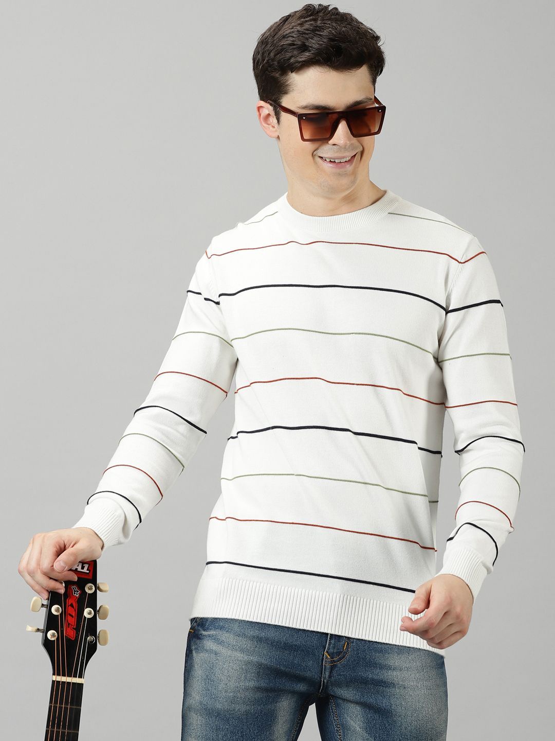 

BLACK BUCK Striper Crew Neck Sweater, White