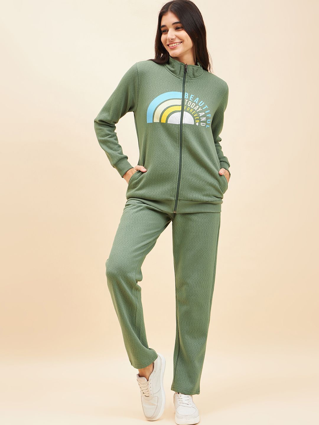 

July Printed Mock Collar Long Sleeves Sweatshirt With Trouser, Green