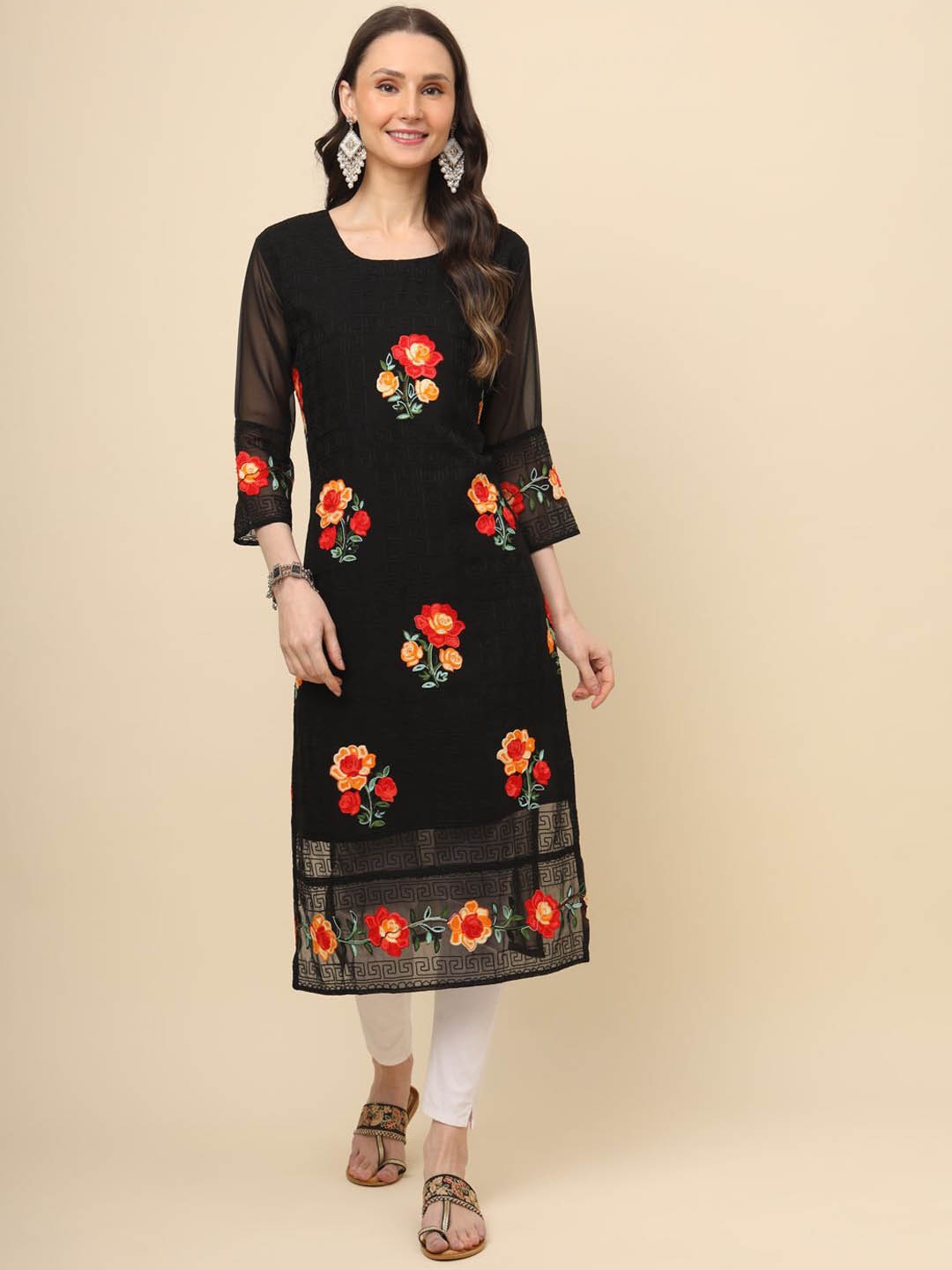 

HERE&NOW Women Floral Embroidered Thread Work Georgette Kurta, Black